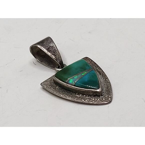 Vintage Sterling Silver Turquoise Opal Inlay Shield Pendant Southwestern 1980s - Picture 6 of 6